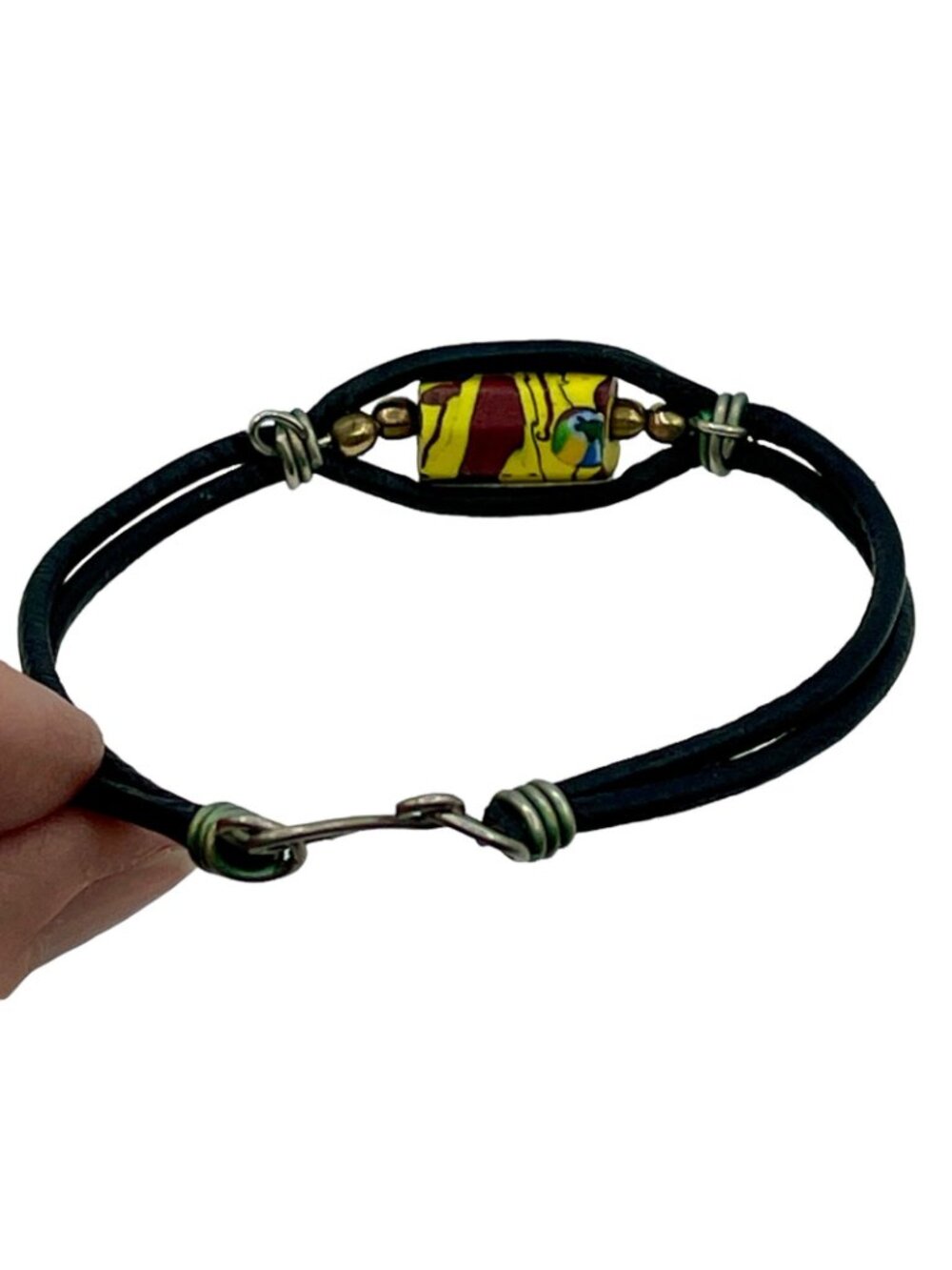 African Trading Bead Bracelet Vintage 1970s Leather Metal Hook Closure Old Bead - Picture 4 of 10